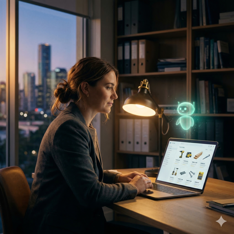 Business owner using a laptop with an AI assistant helping manage product listings