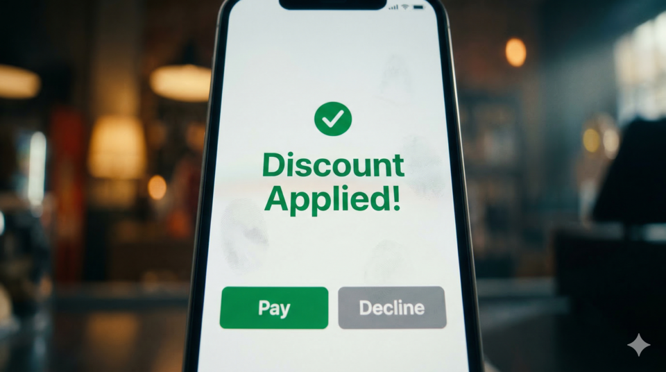 Phone screen showing Discount Applied with Pay and Decline buttons