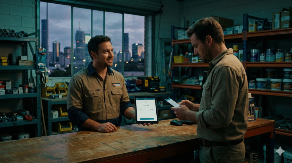 Business owner showing a payment request on a tablet to a customer checking their phone