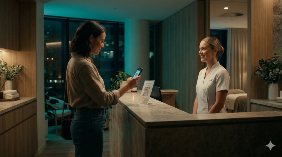 Customer scanning a QR code at a day spa reception desk