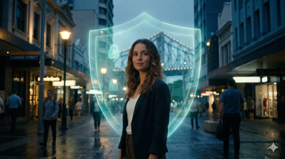 Person protected by a holographic privacy shield on a city street